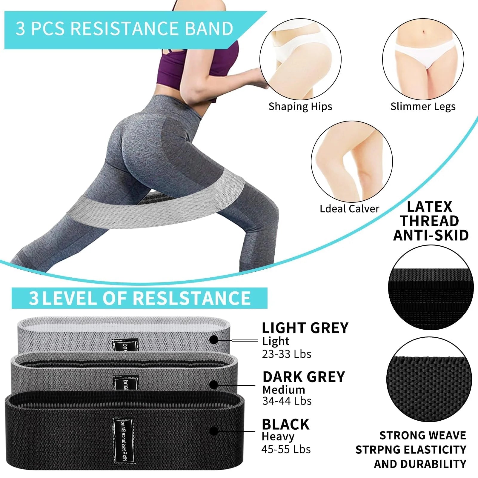 Resistance band set with three strength levels in black and grey fabric