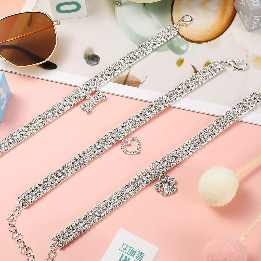 Rhinestone pet collar set with heart, bone, and paw pendants and silver-tone clasp