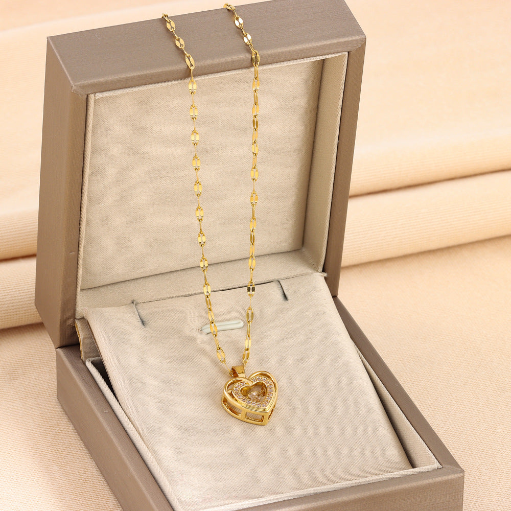 Gold-tone double-layer love heart pendant necklace with rhinestone heart charm on chain