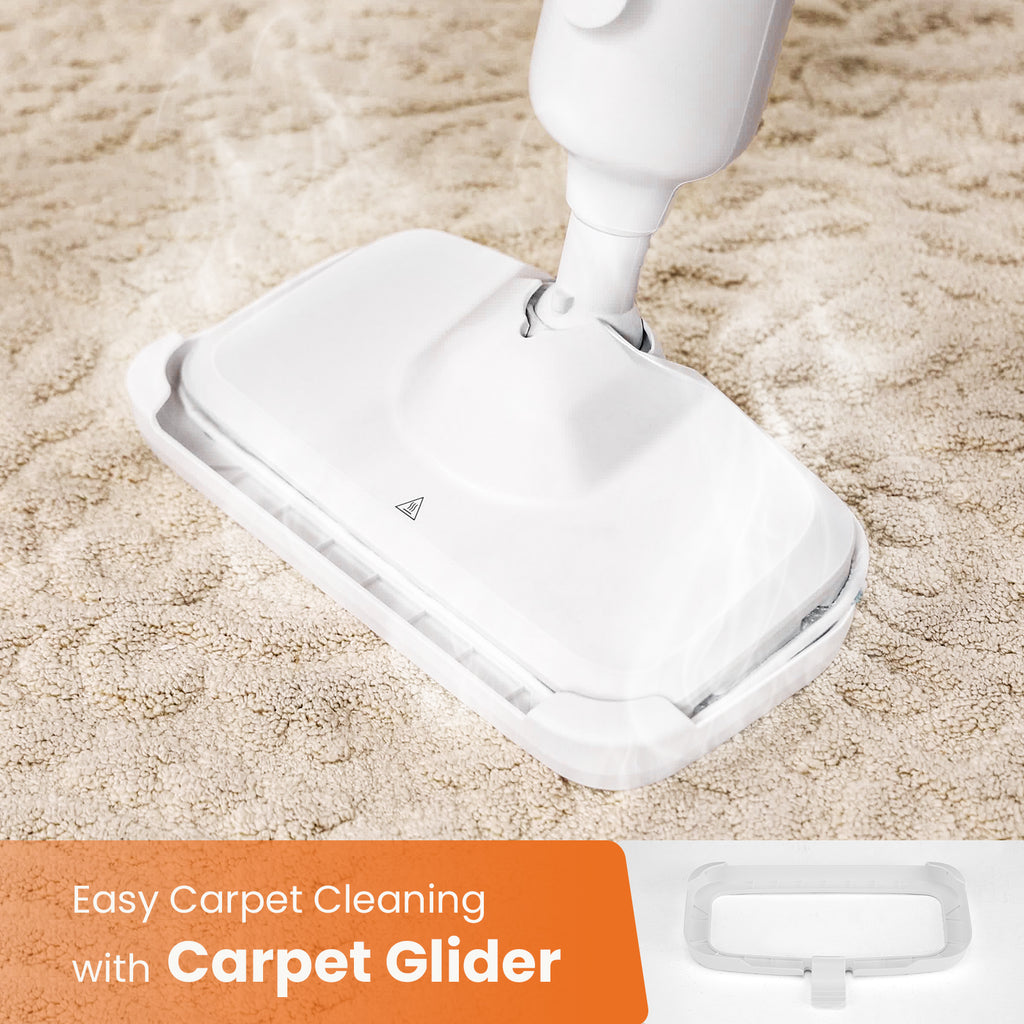 Steam mop pad gliding over a carpeted floor with the rectangular base attached