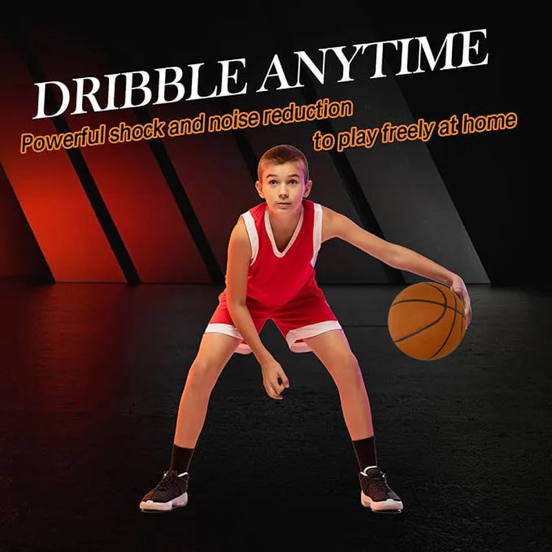 Foam silent indoor basketball in a child’s hands, orange-brown with black lines.