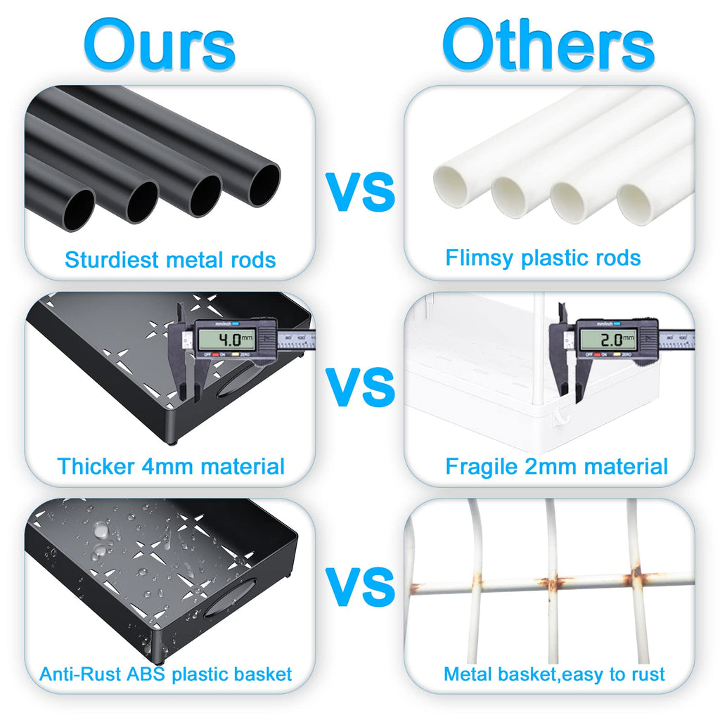 Black dual sliding under-sink organizer comparison showing sturdy metal rods and thick ABS