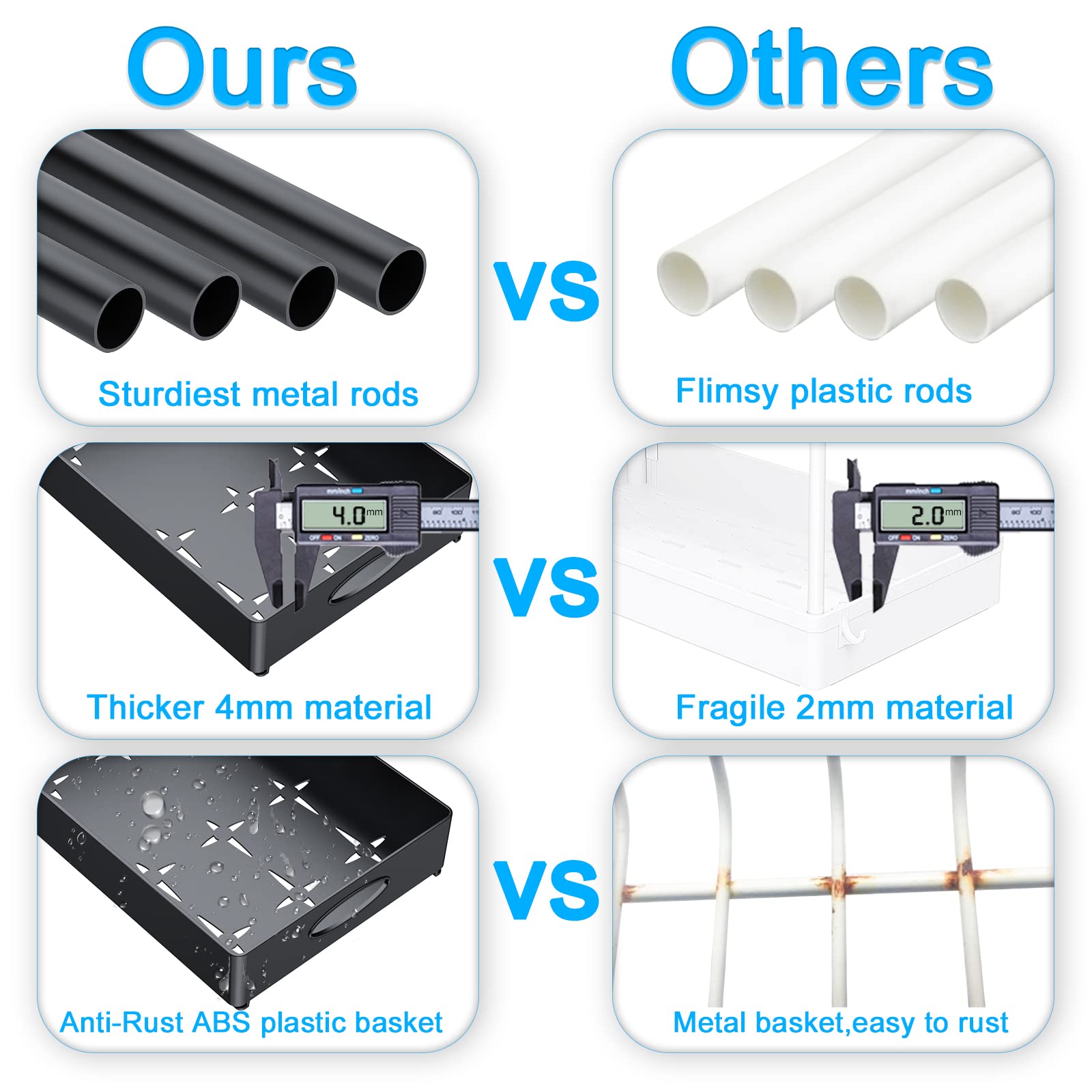 Black dual sliding under-sink organizer comparison showing sturdy metal rods and thick ABS