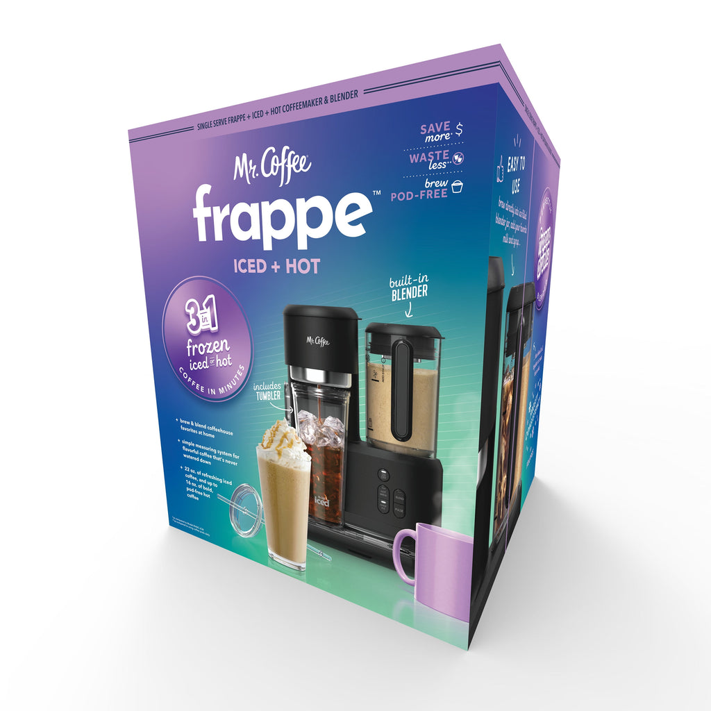 Mr. Coffee frappe boxed set featuring a black single-serve blender coffee maker