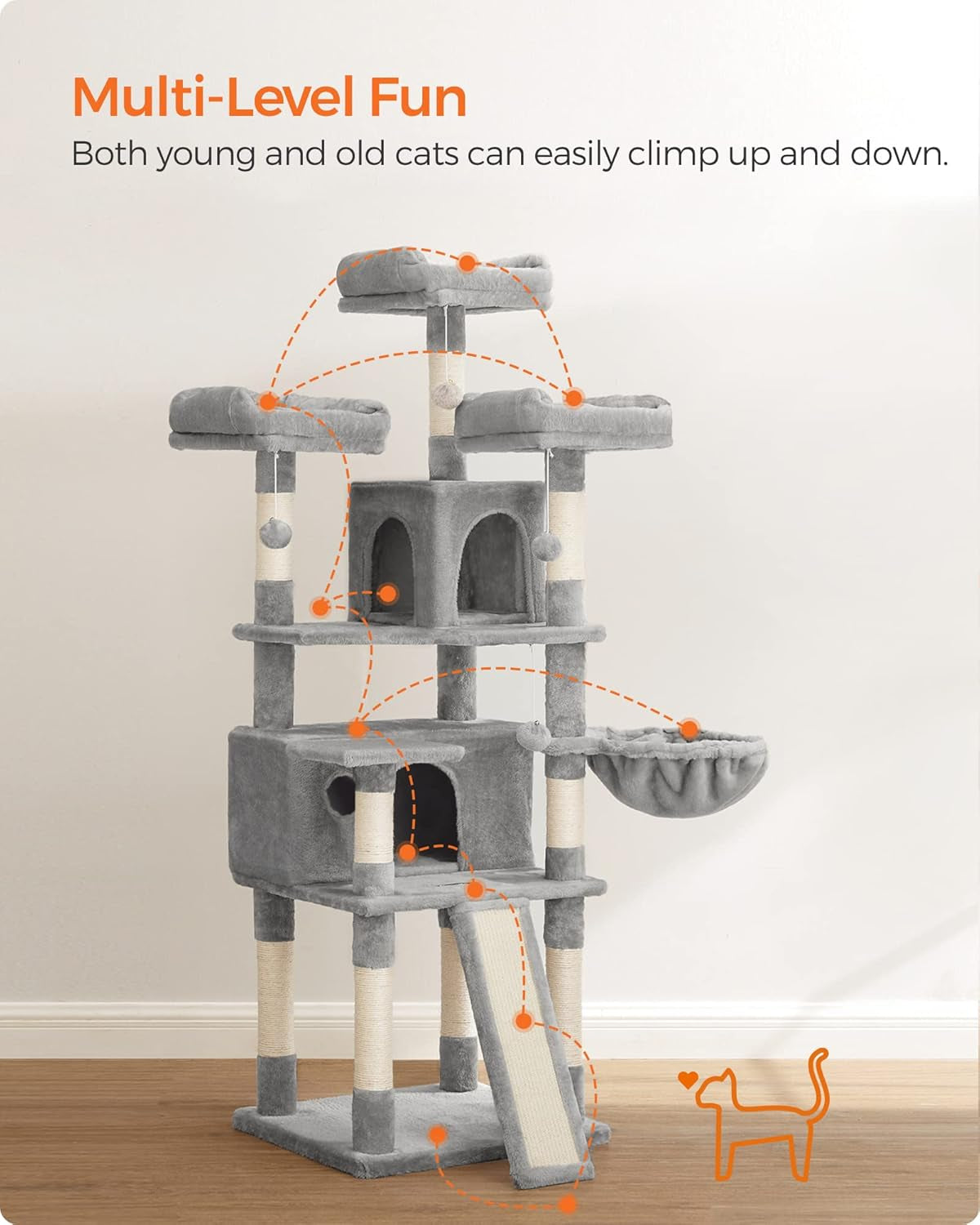 Light gray cat tree tower with multiple levels, cave openings, and side hanging hammock