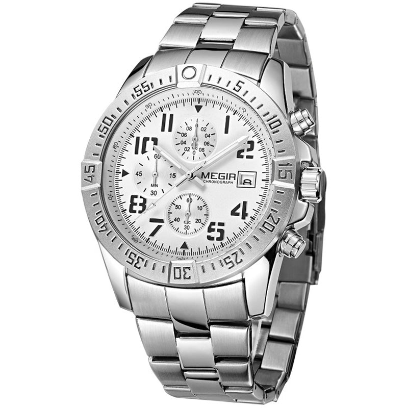 Stainless steel chronograph watch with white dial, black markers, and metal link bracelet