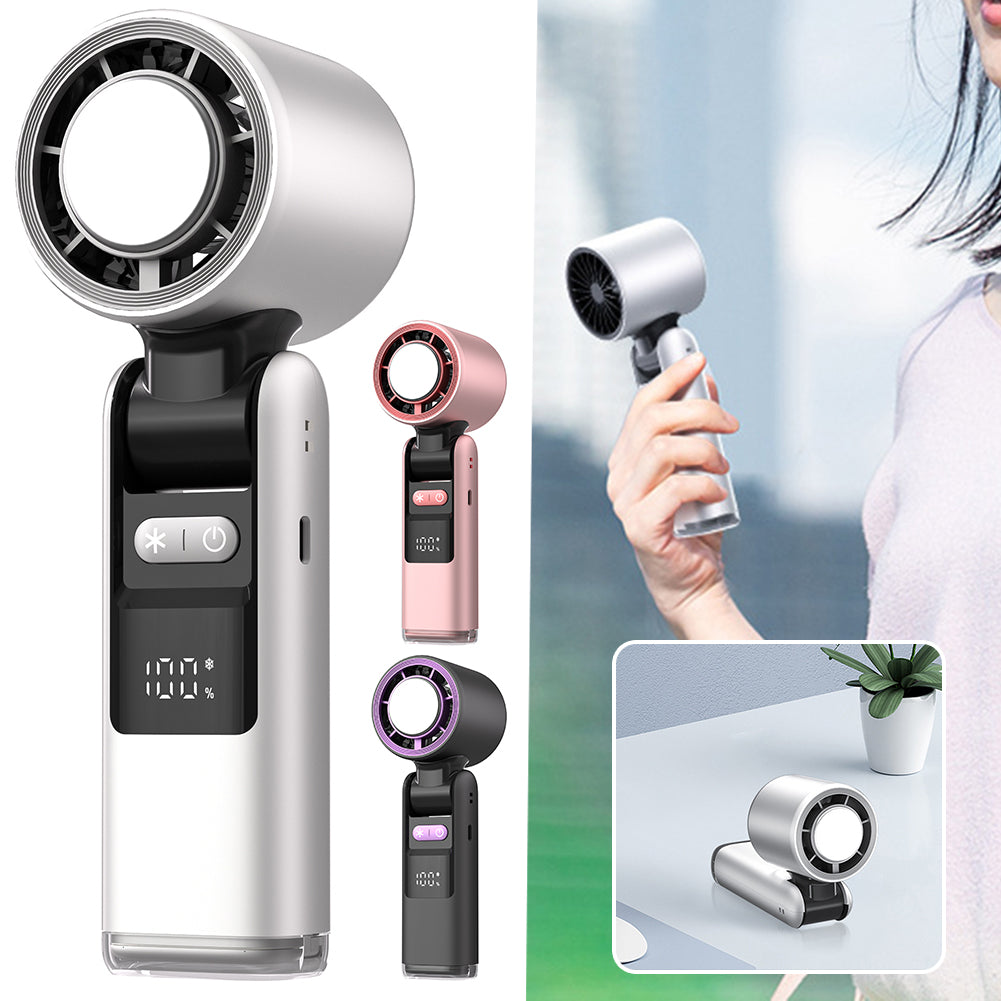 Mini turbo handheld fan set with silver base, black grip, and digital display panel