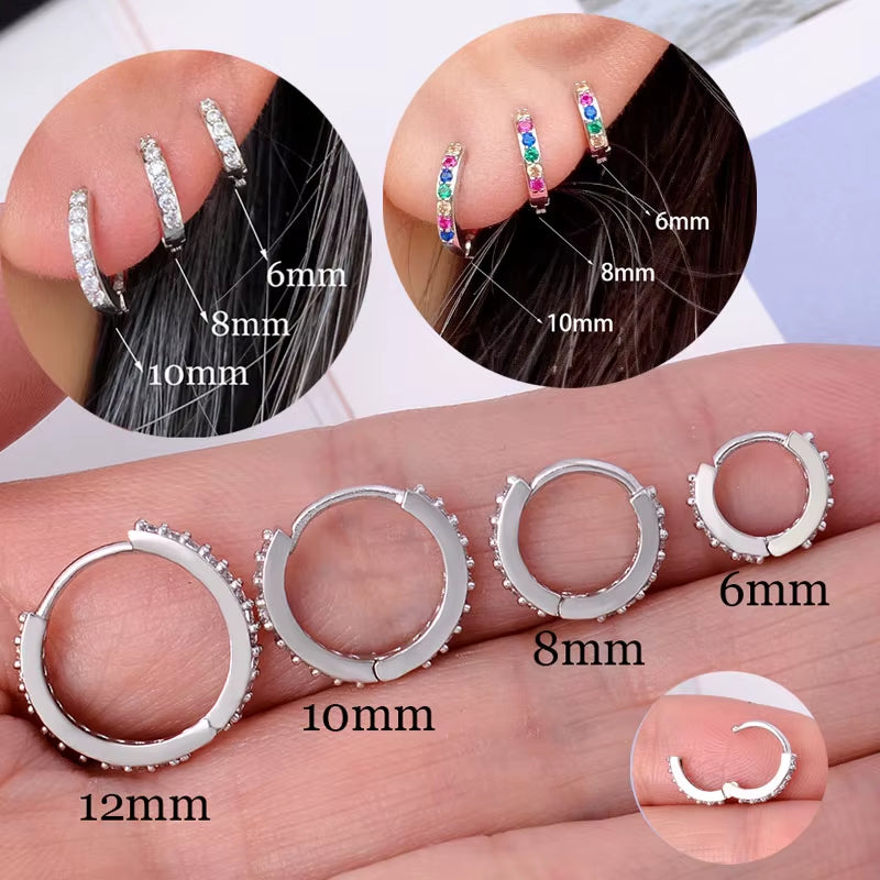 Silver and multicolor crystal huggie hoop earrings with hinged hoops