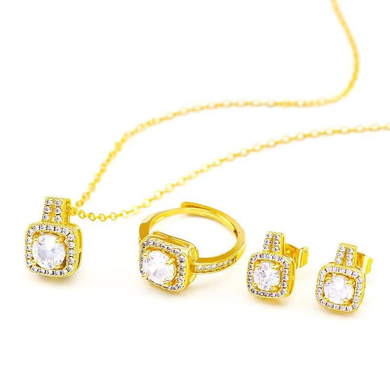 Gold zircon jewelry set: square pendant necklace, ring, and stud earrings