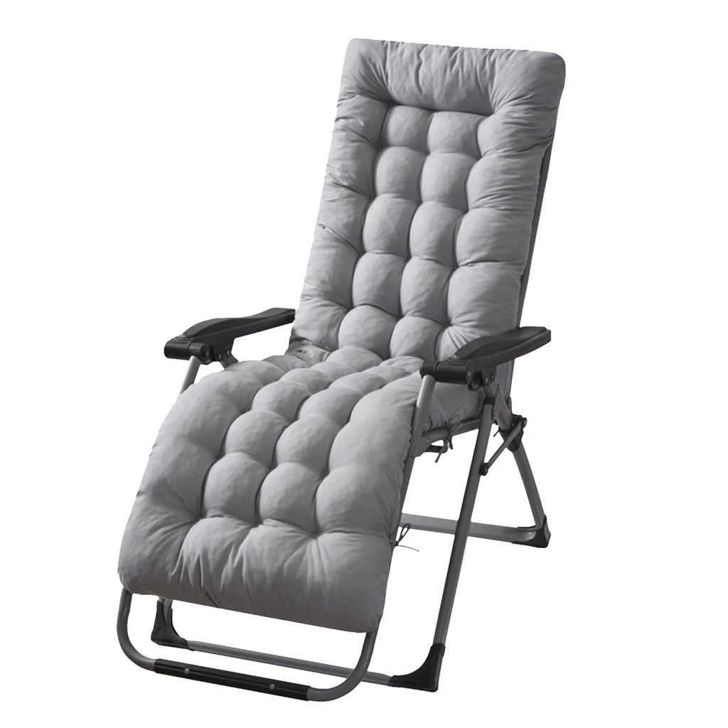 Gray thick padded recliner cushion with quilted button tufted back and seat