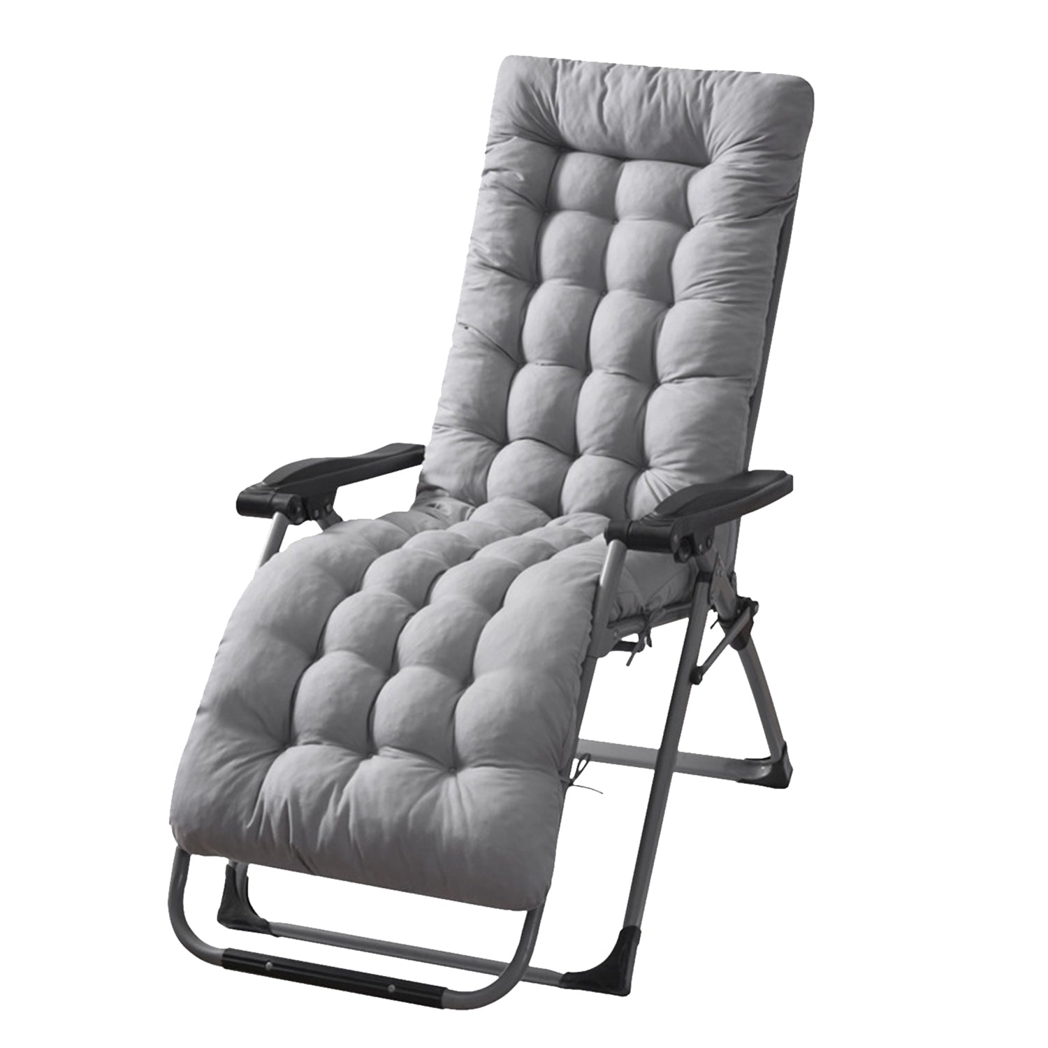 Gray thick padded recliner cushion with quilted button tufted back and seat