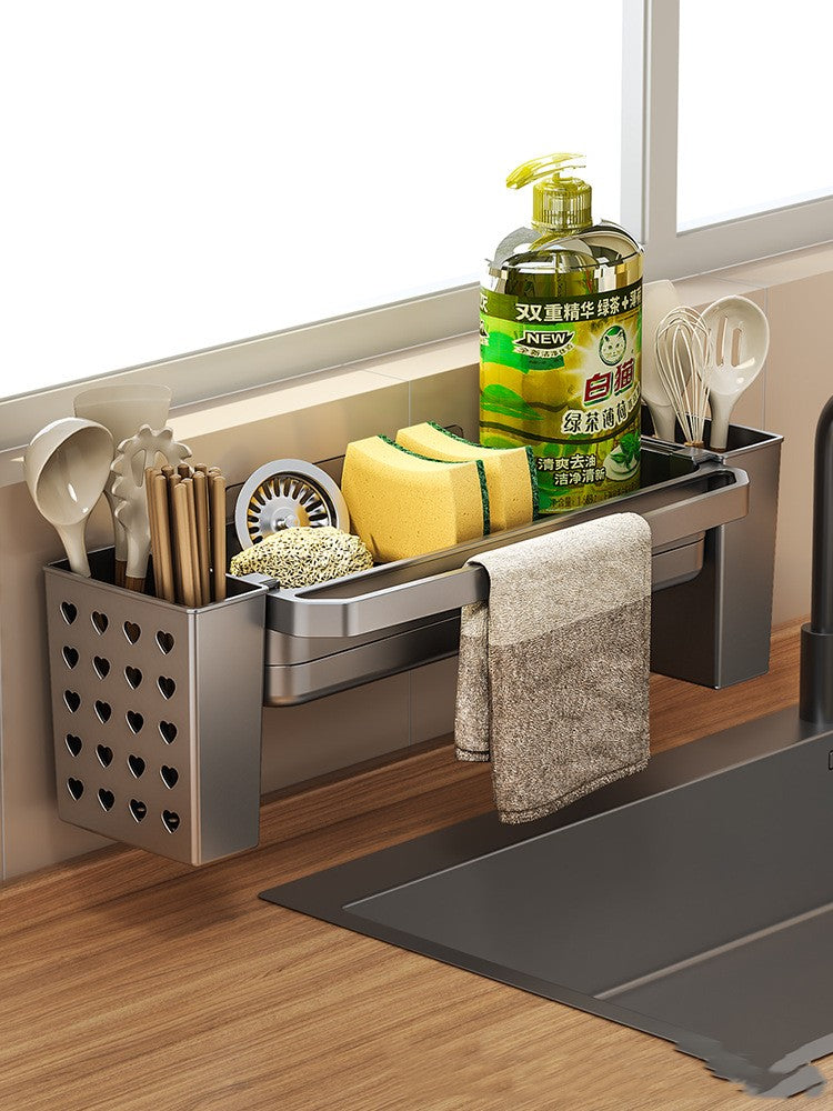 Over-the-sink dish drying rack with towel bar and utensil slots, two-tone gray