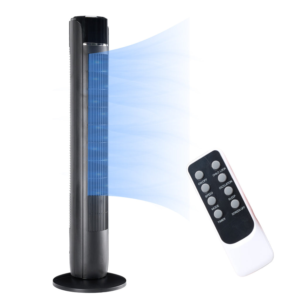 Standing cooling tower fan in dark gray with black top and remote control