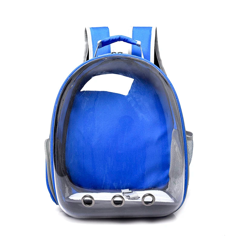 Blue pet backpack carrier with clear dome window and mesh side vents