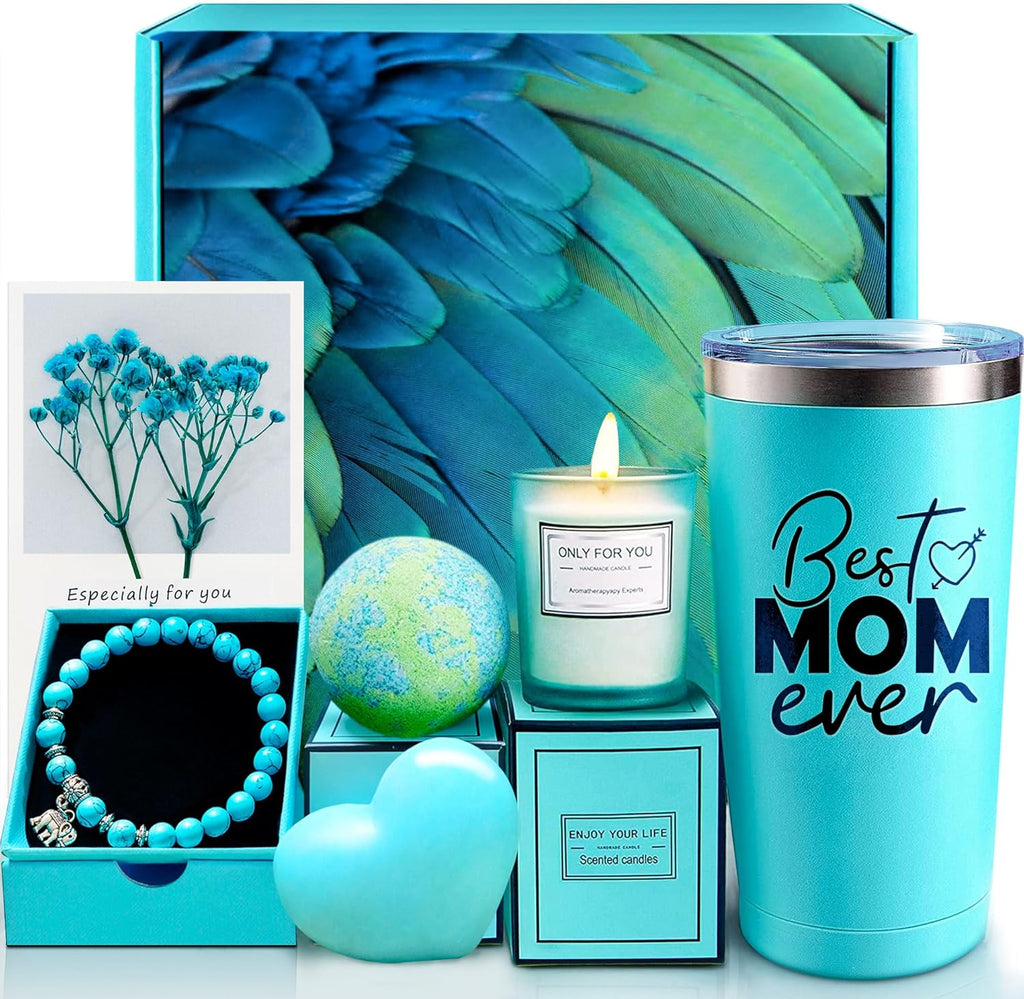 Mom spa gift basket set with aqua tumbler, scented candle, bath bomb, heart soap, bracelet