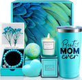 Mom spa gift basket set with aqua tumbler, scented candle, bath bomb, heart soap, bracelet