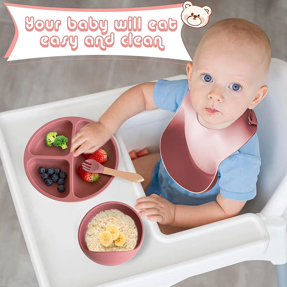 Baby silicone suction bowl set in dark pink with bib and feeding utensils