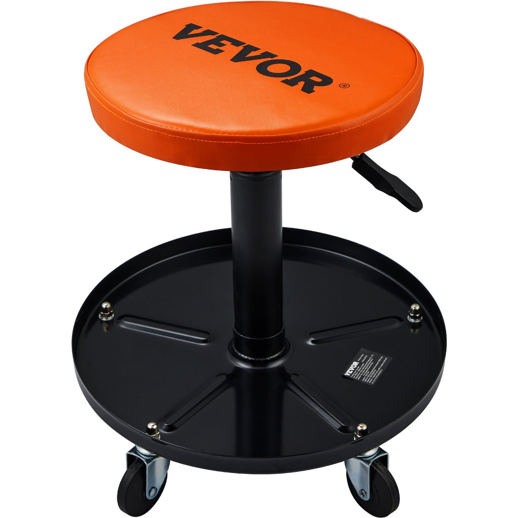 Orange padded seat rolling creeper stool with black base and height control lever