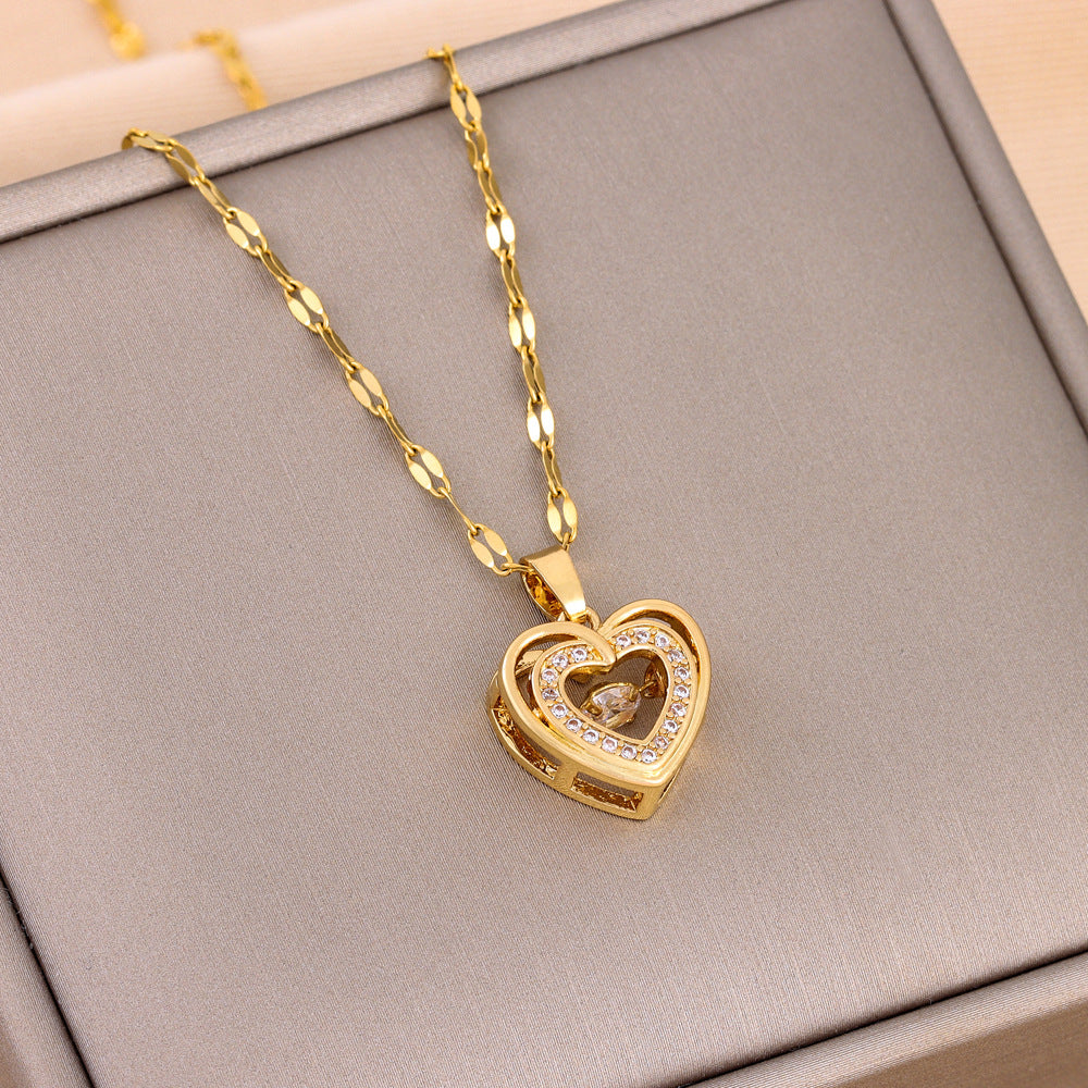 Gold-tone double-layer love heart necklace with rhinestone heart pendant and inner heart