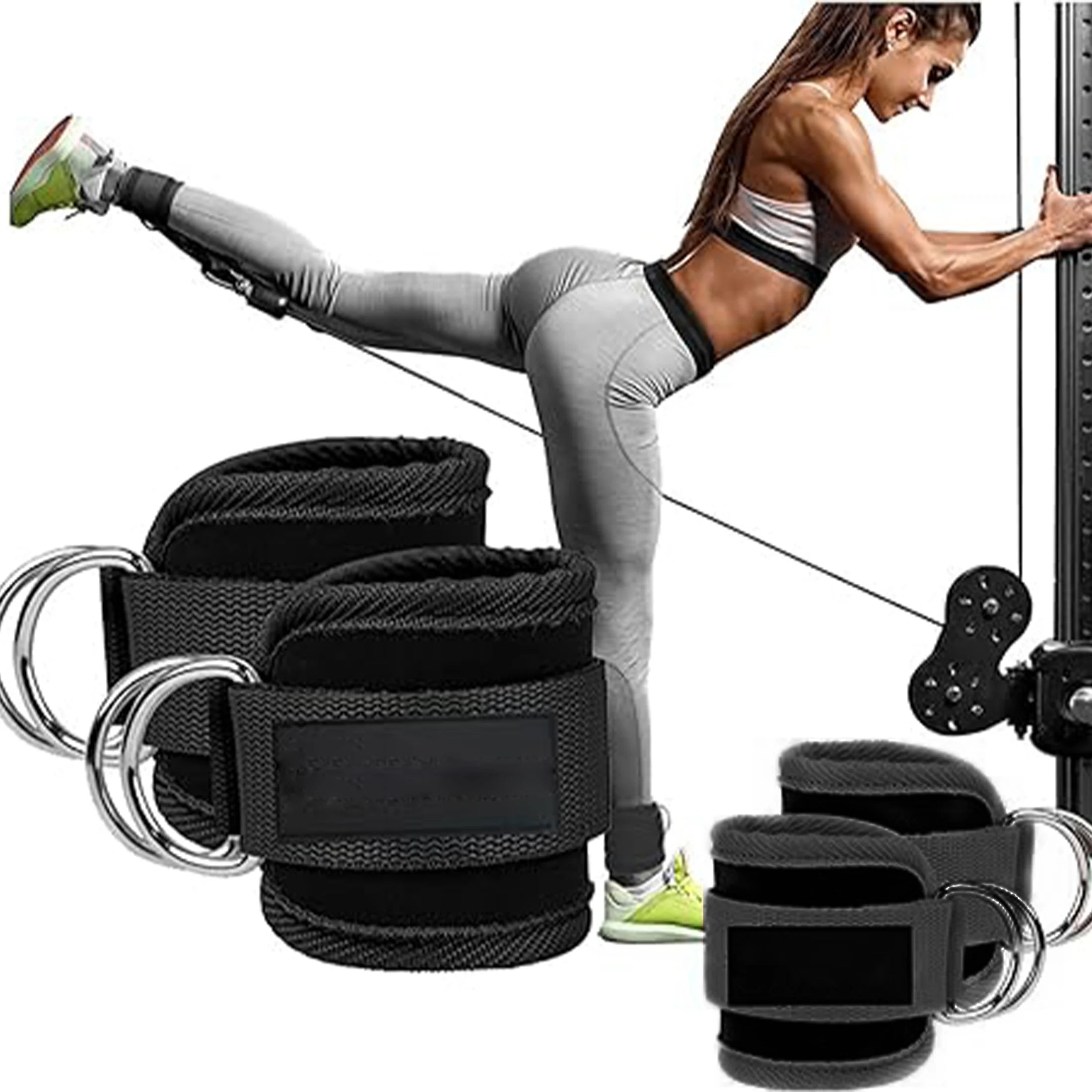 Black hip resistance bands with two ankle straps and metal-ring connectors