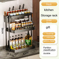 Black three-tier kitchen storage rack with utensil slots and open shelves for jars and bottles