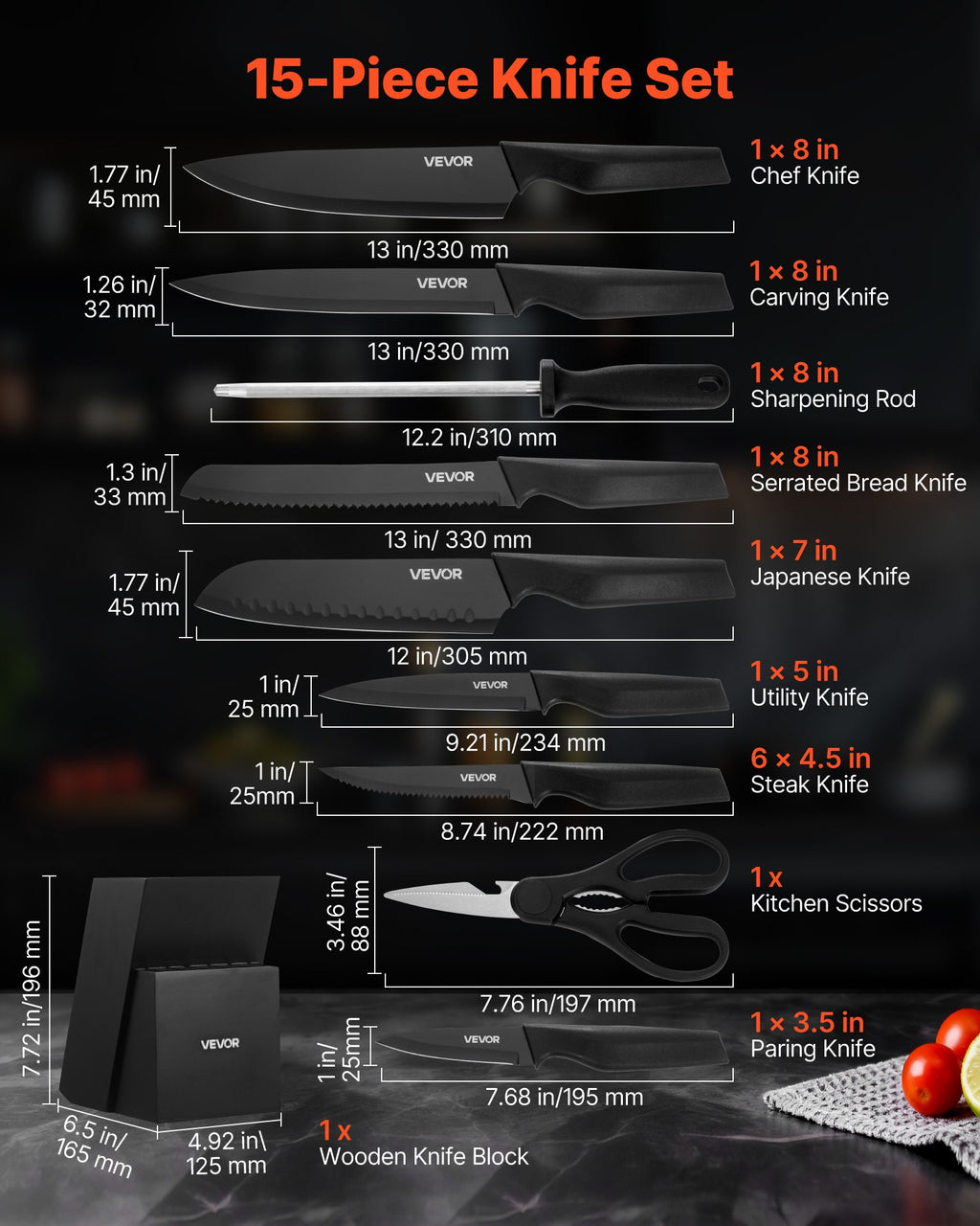 15-piece black kitchen knife set with knives, kitchen scissors, and knife block