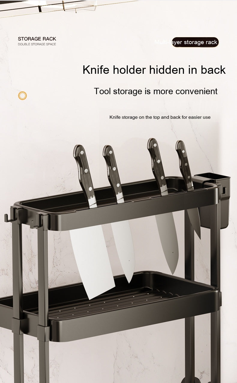 Black kitchen storage rack with back knife holder and two open tier shelves for tools