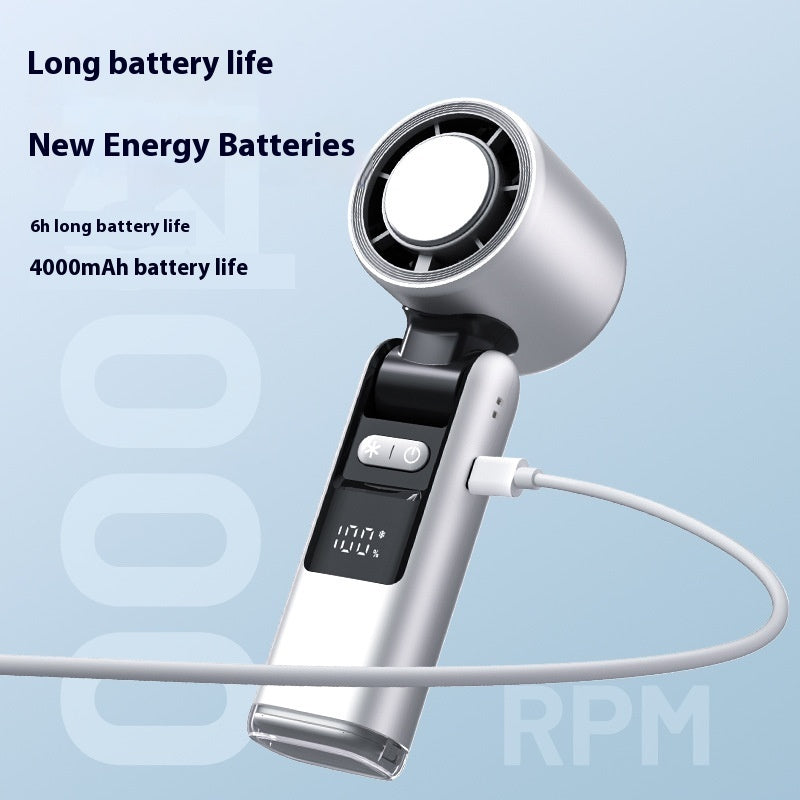 Mini turbo handheld fan with silver body, black handle, and digital display with USB cable