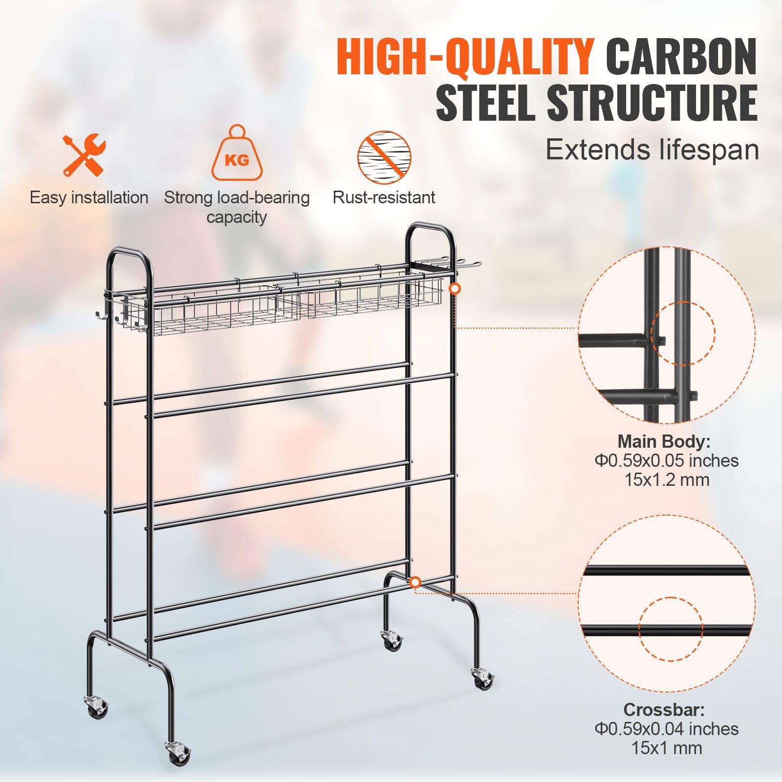 4-tier rolling storage rack, black metal frame with four swivel wheels and side handles