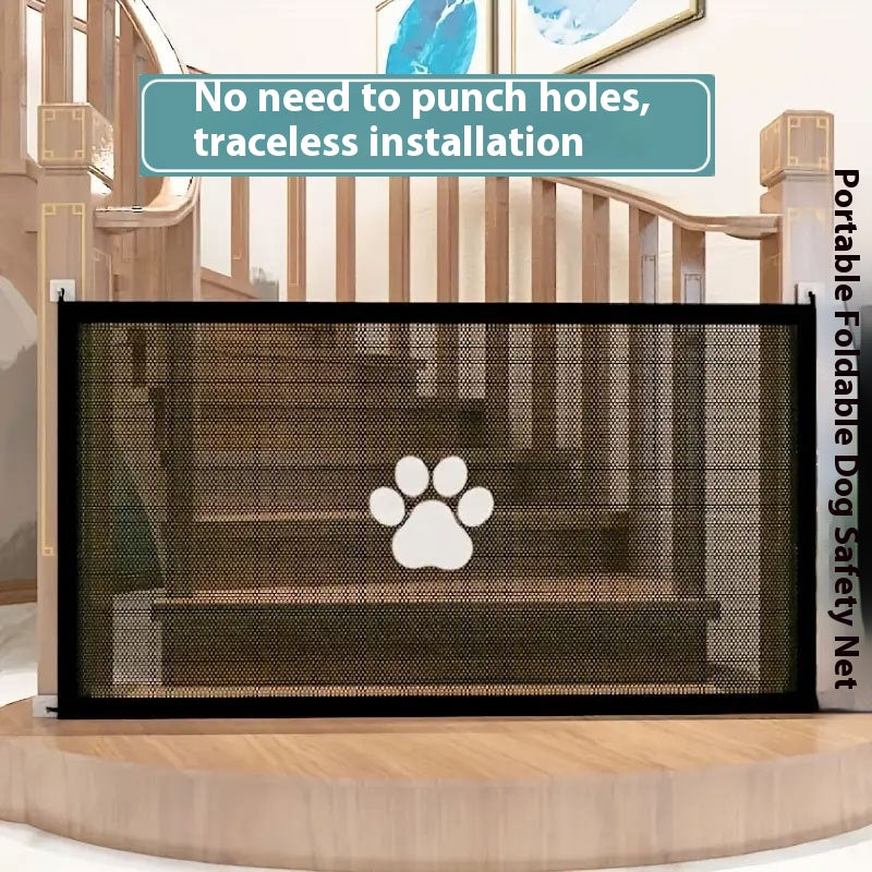 Black mesh pet playpen gate with white paw logo on rectangular panel