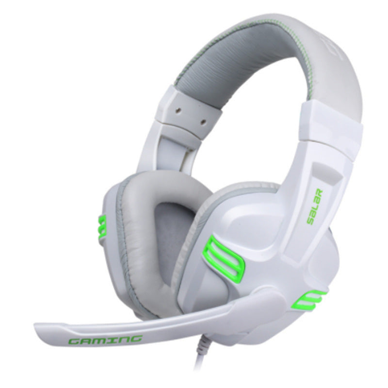 White wired gaming headset with green-lit accents and attached microphone boom