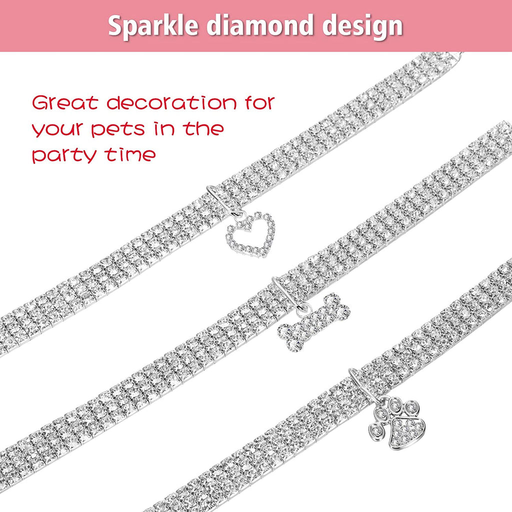 Rhinestone pet collars with sparkly band and heart, bone, and paw-shaped pendants