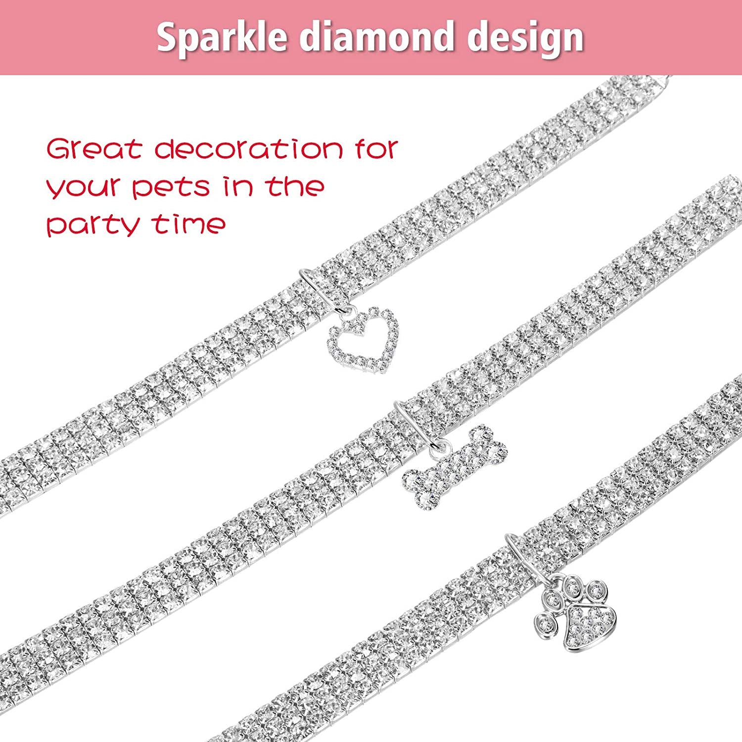 Rhinestone pet collars with sparkly band and heart, bone, and paw-shaped pendants