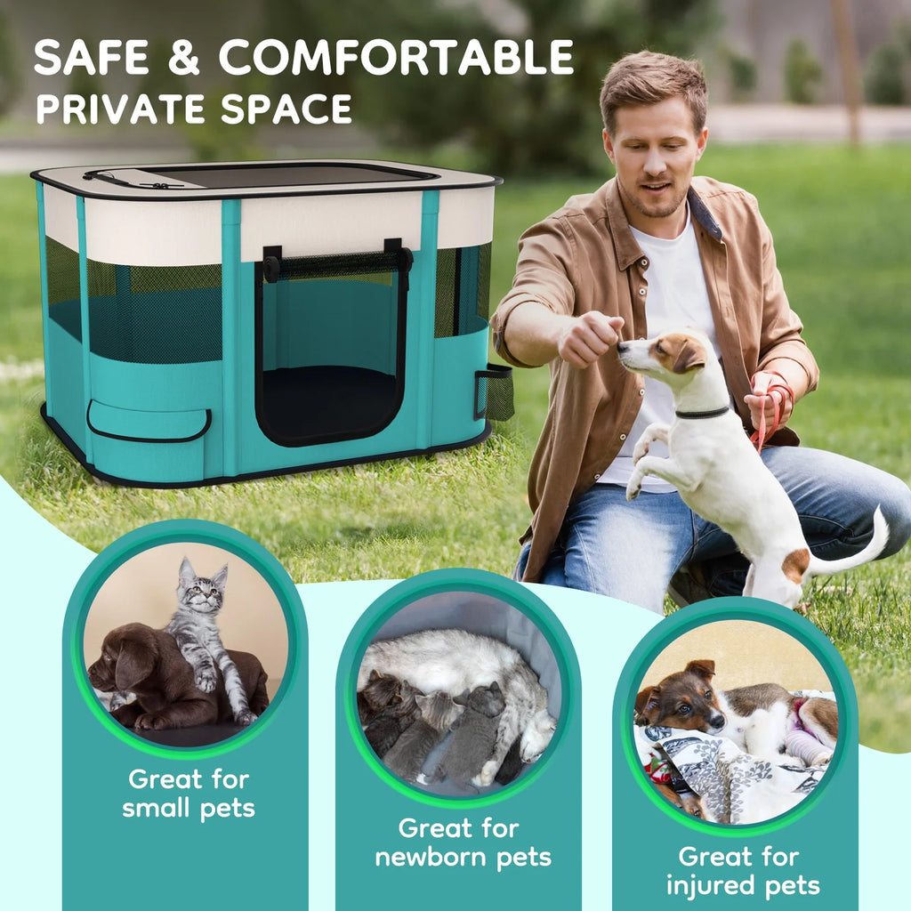 Teal and white foldable pet playpen tent on grass with open door and person petting a dog.