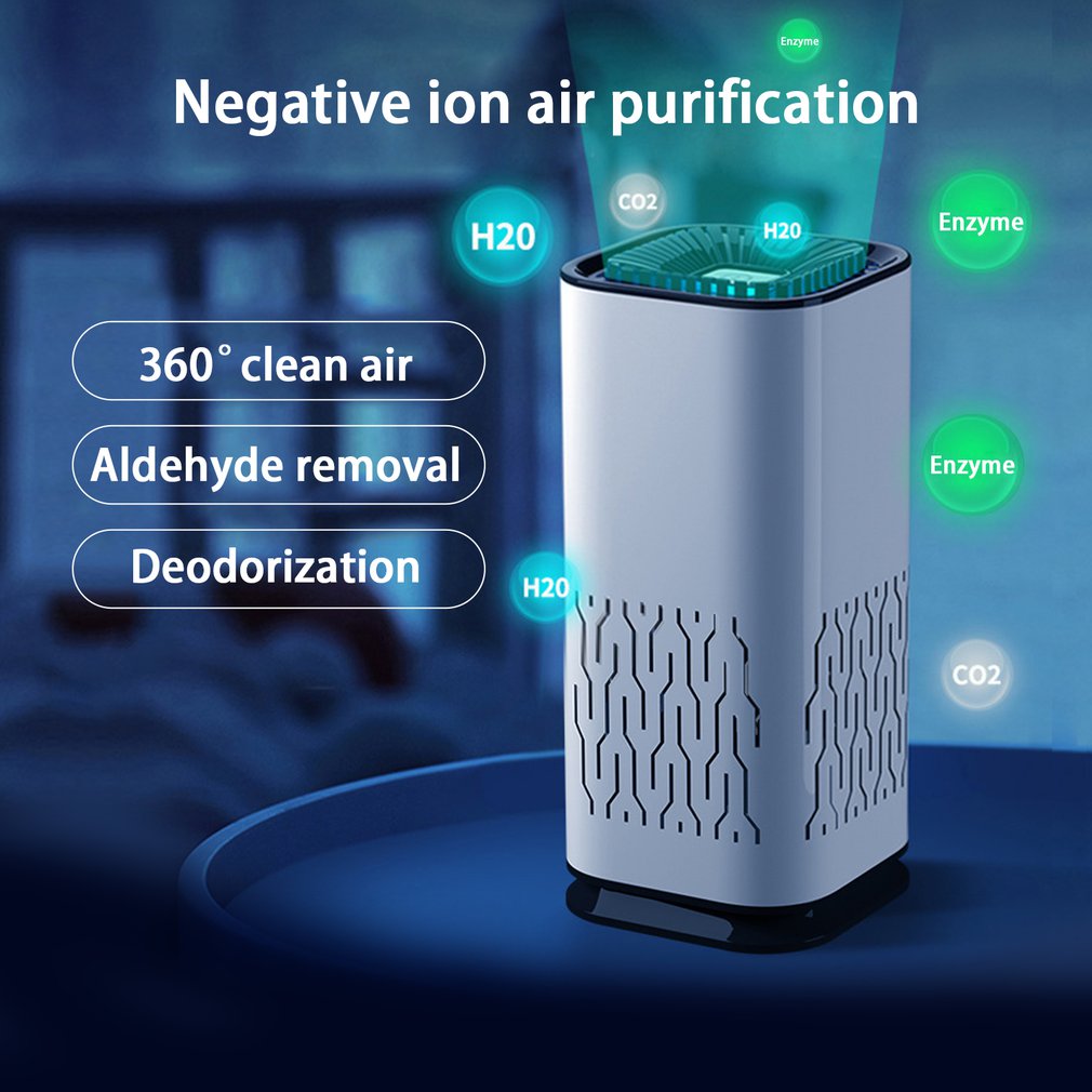 White portable air purifier with blue-lit top fan and vented side panels.