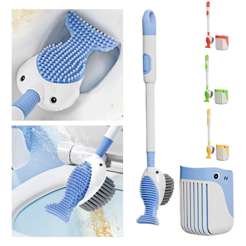 Blue whale-shaped silicone toilet brush head with gray bristles on a white handle