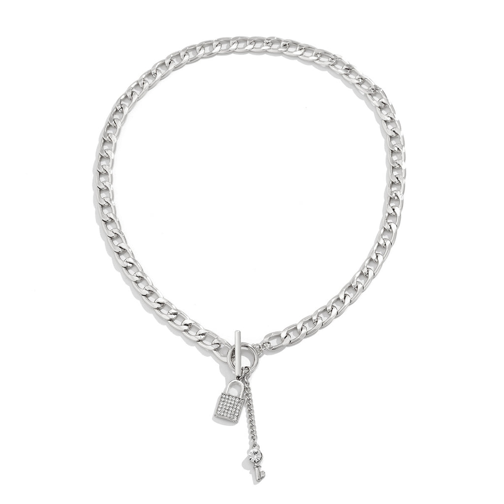 Silver chain bracelet with padlock charm and key dangle