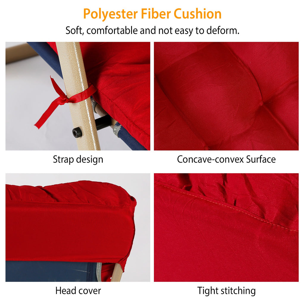 Red polyester recliner cushion with quilted panels, stitched seams, and strap ties