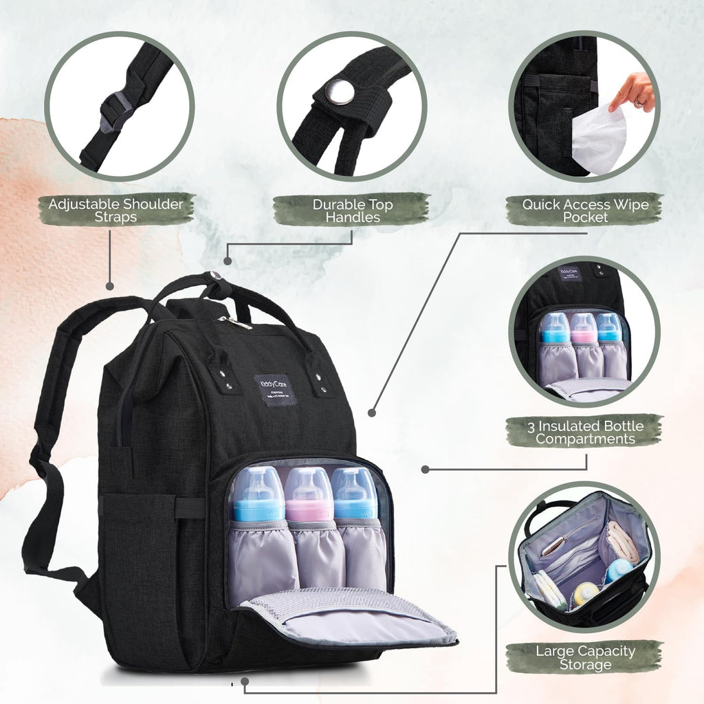 Black diaper bag backpack with changing station, adjustable shoulder straps and top handle