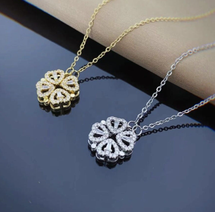 Gold and silver clover-heart necklaces with round crystal clover pendants