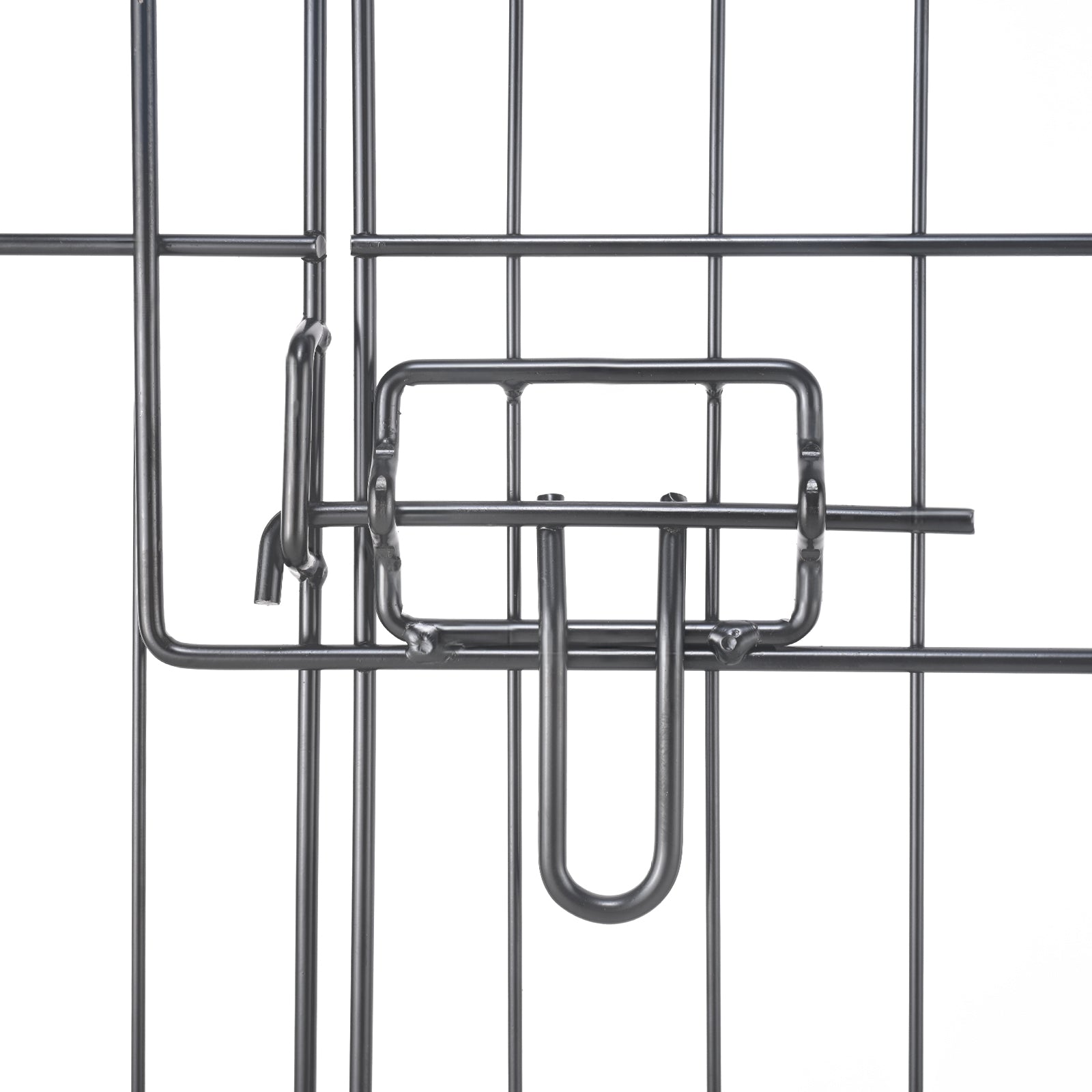 Black metal pet playpen door latch handle and wire bars, close-up