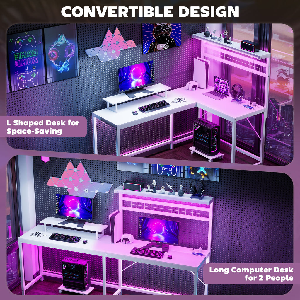 61.6" L Shaped Gaming Desk with Power Outlets & LED Lights, Computer Desk with Monitor Stand and CPU Shelf, White