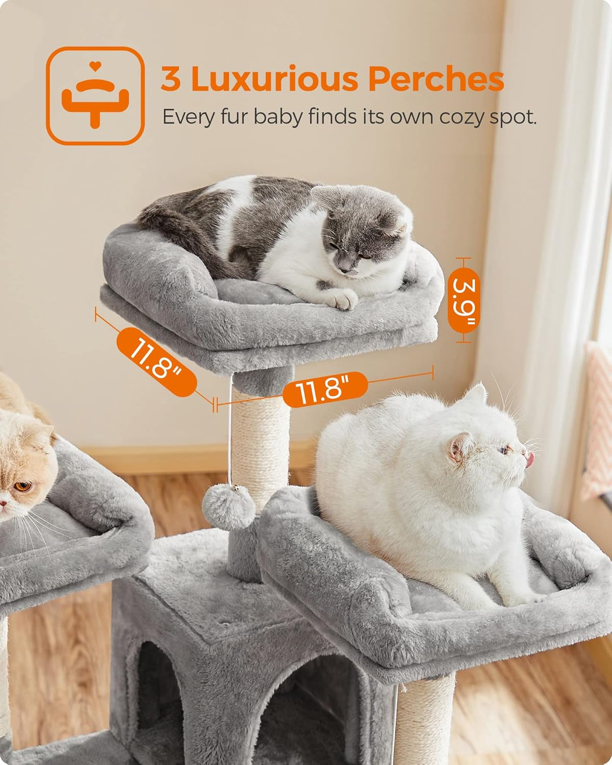Light gray cat tree tower with cushioned plush perches and a curved top bed