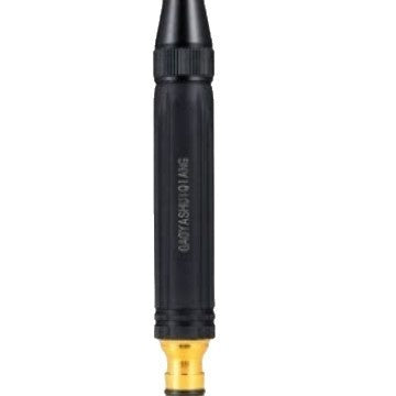 Black water gun wand with tapered nozzle tip and brass outlet fitting