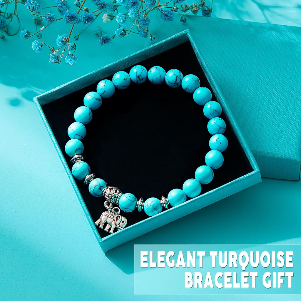 Turquoise beaded bracelet with elephant charm in gift box
