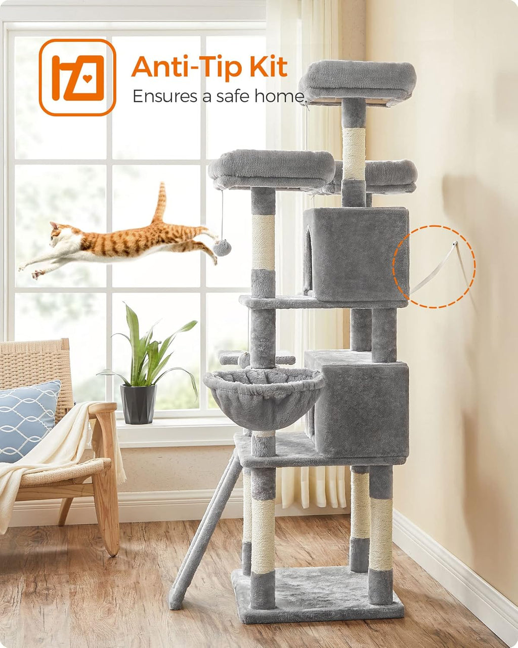 Light gray cat tree tower with stacked plush platforms and a stable base