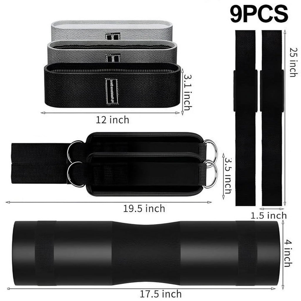 Black barbell pad and two ankle straps with metal D-rings and textured grip fabric