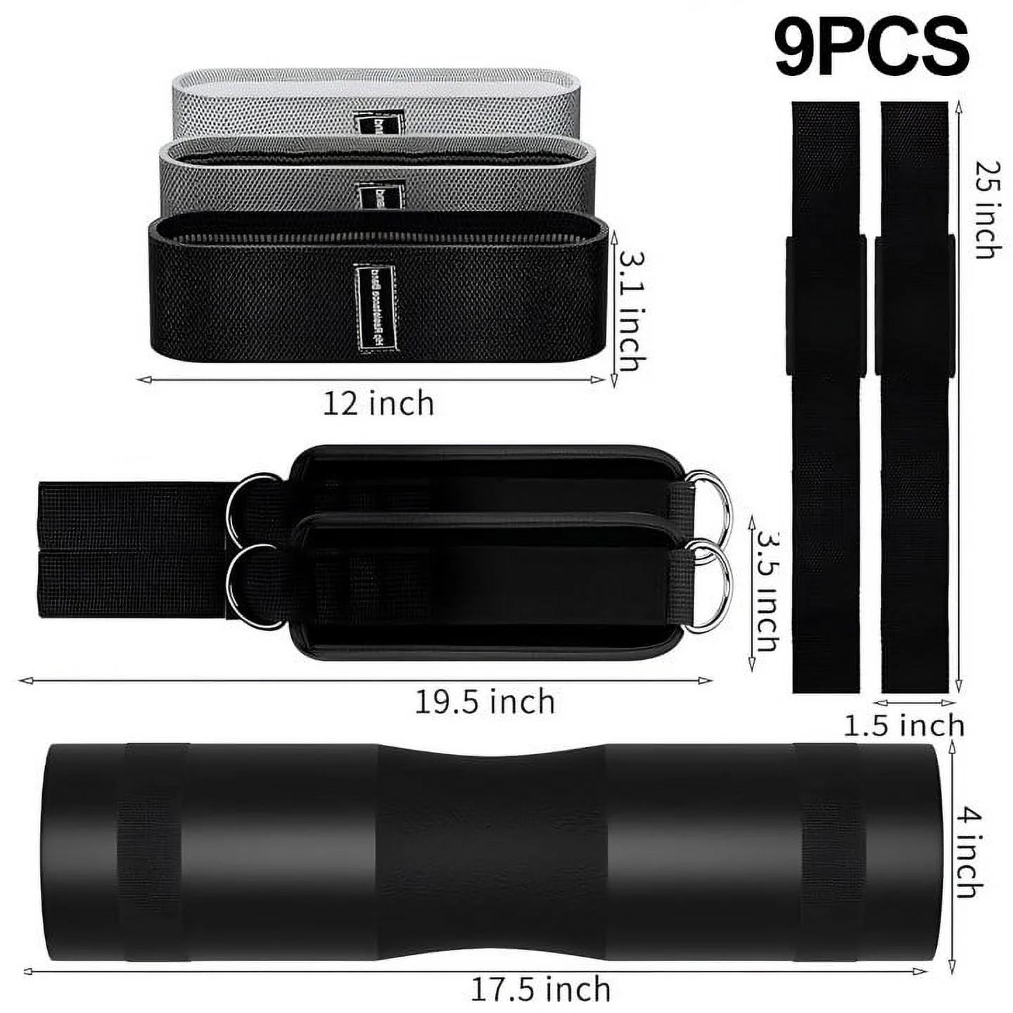Black barbell pad and two ankle straps with metal D-rings and textured grip fabric