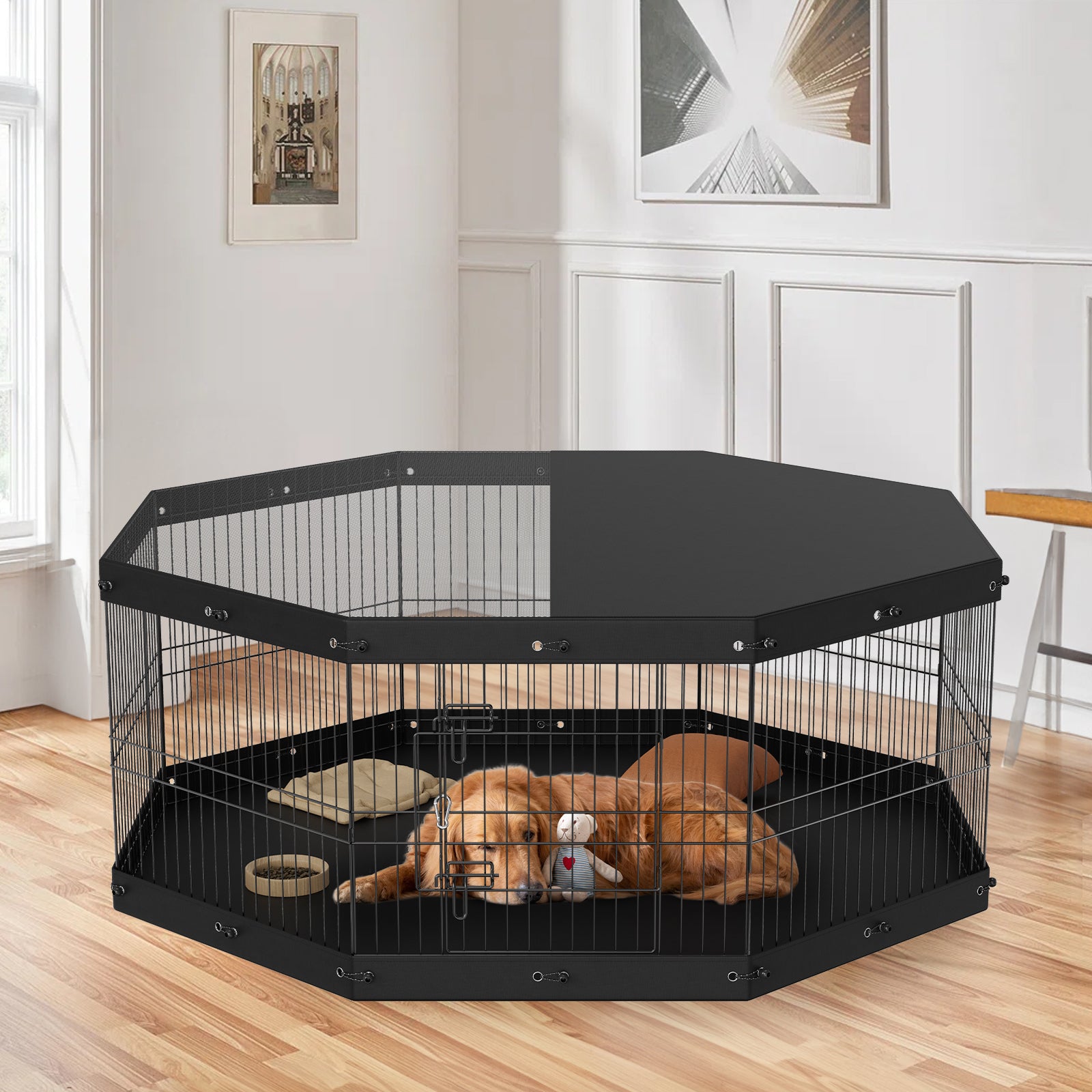 Black metal dog playpen with fitted top cover and black base mat, resting dog inside