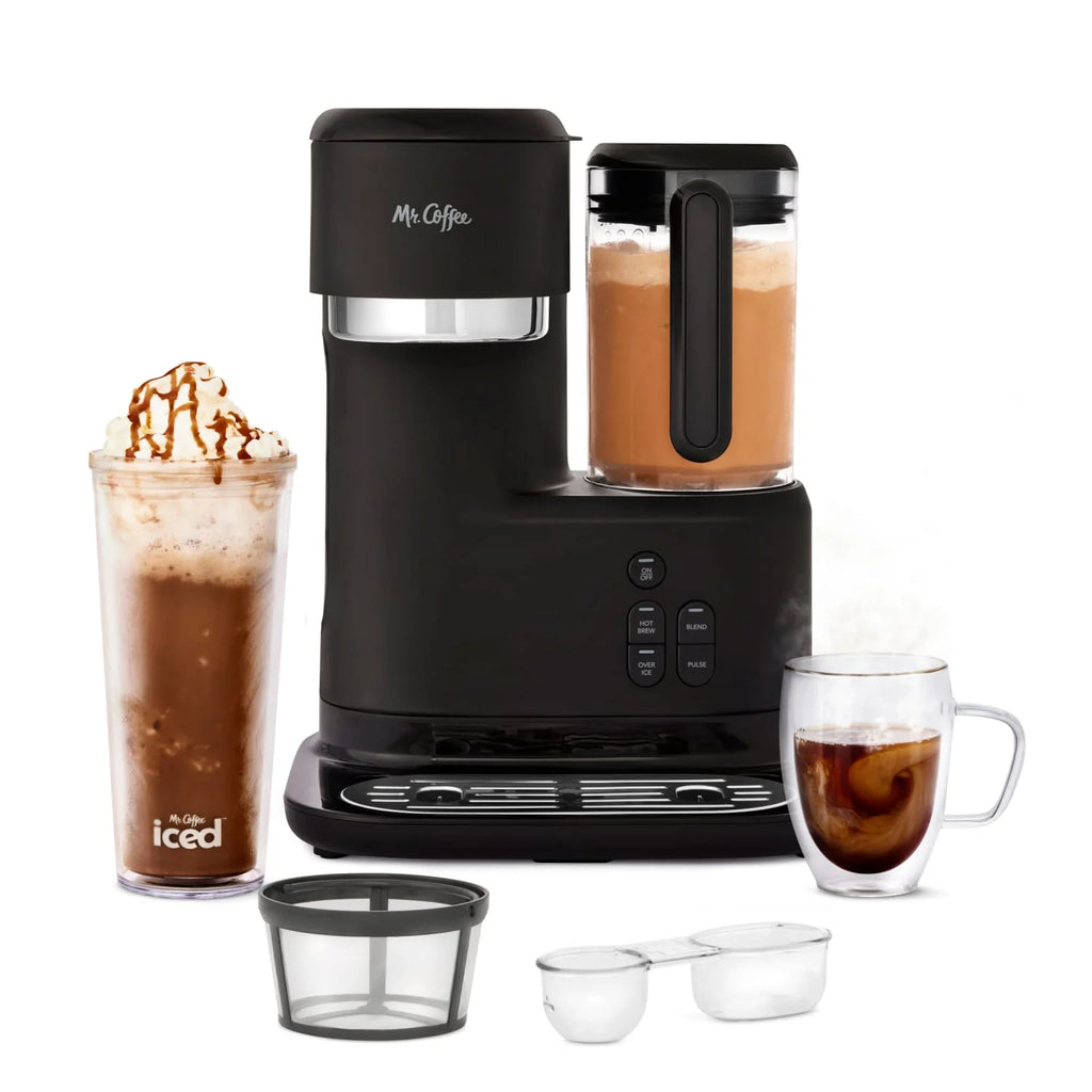 Black single-serve coffee maker with built-in blender and frothing pitcher on base